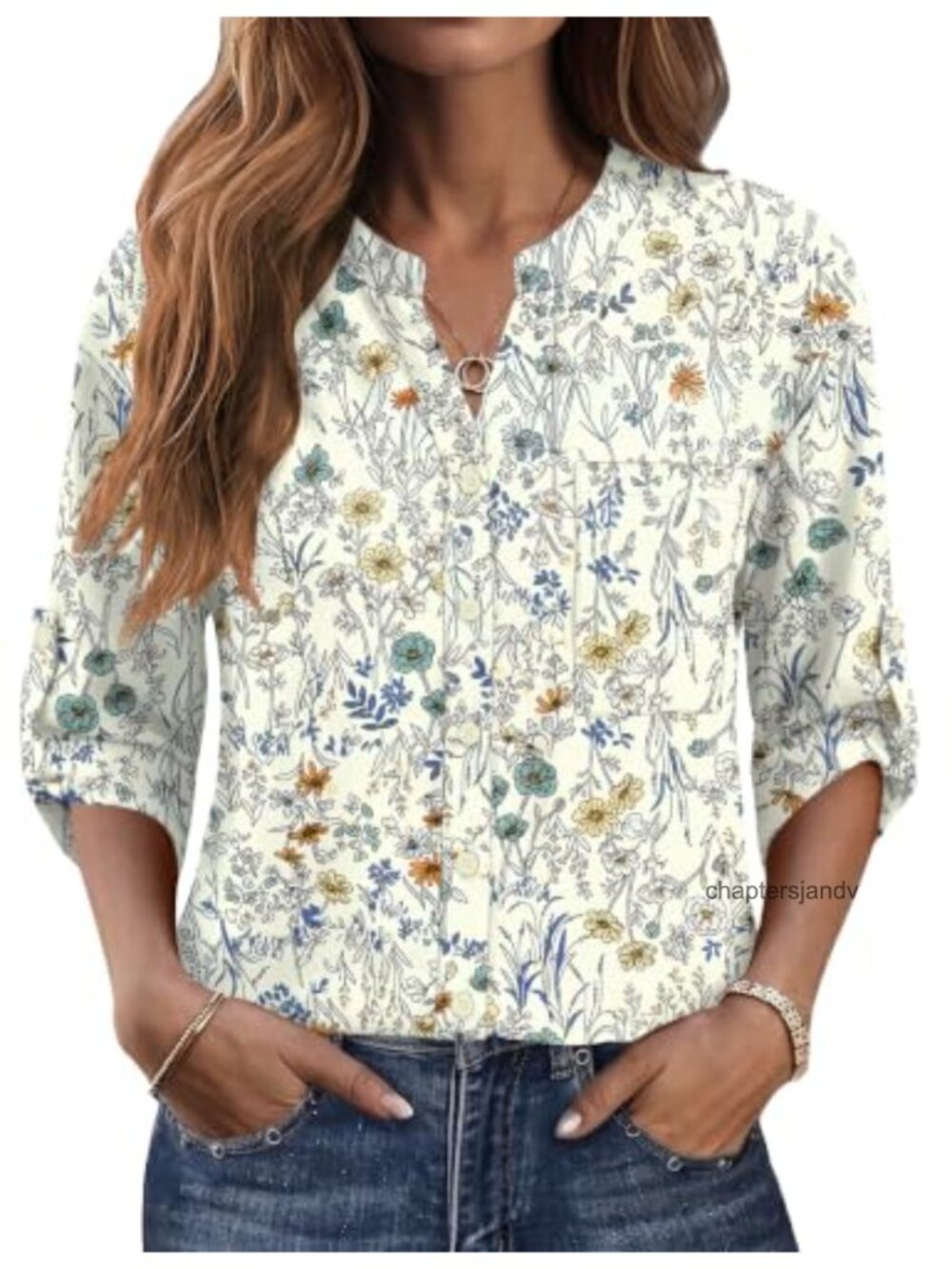 Women's 3/4 Sleeve Button Down Shirt Lightweight Floral Office Top